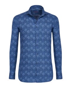 Camicia trendy in lino blu con fantasia floreale, extra slim francese_0
